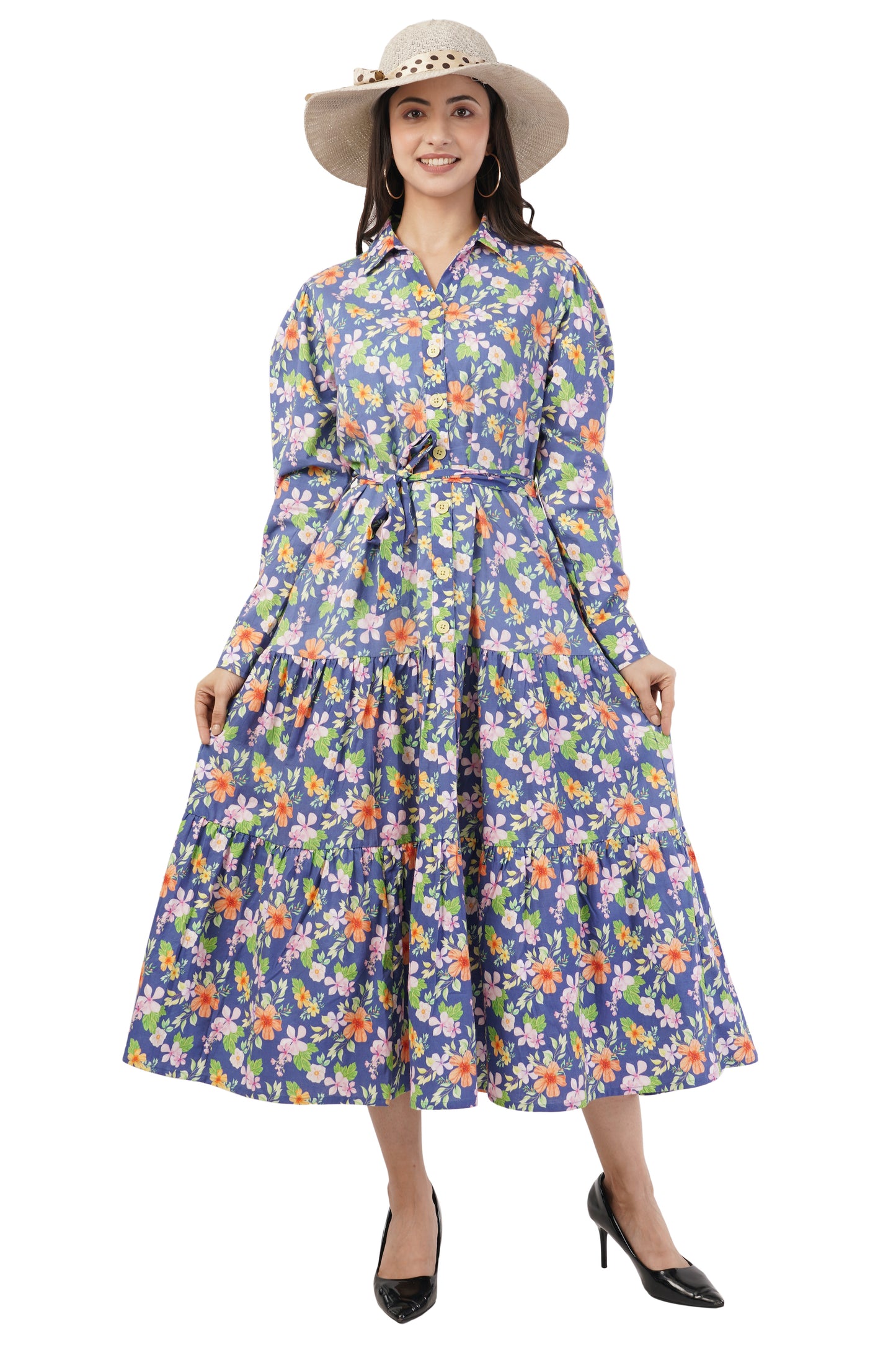 Agnes Women Blue Floral Printed Cotton Midi Shirt Dress