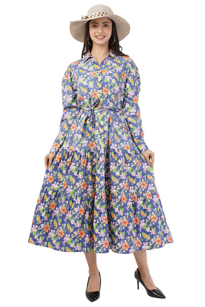 Agnes Women Blue Floral Printed Cotton Midi Shirt Dress