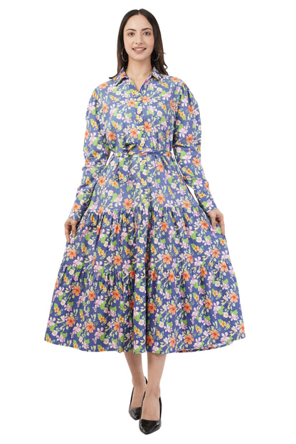 Agnes Women Blue Floral Printed Cotton Midi Shirt Dress