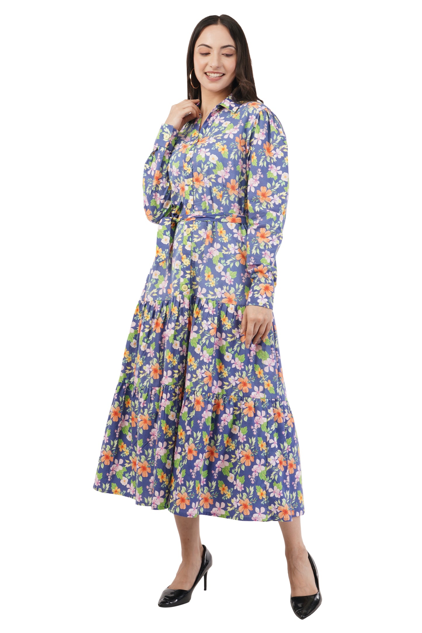 Agnes Women Blue Floral Printed Cotton Midi Shirt Dress