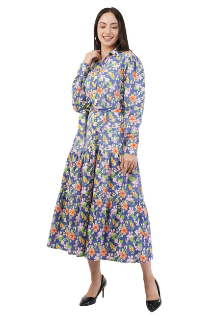 Agnes Women Blue Floral Printed Cotton Midi Shirt Dress