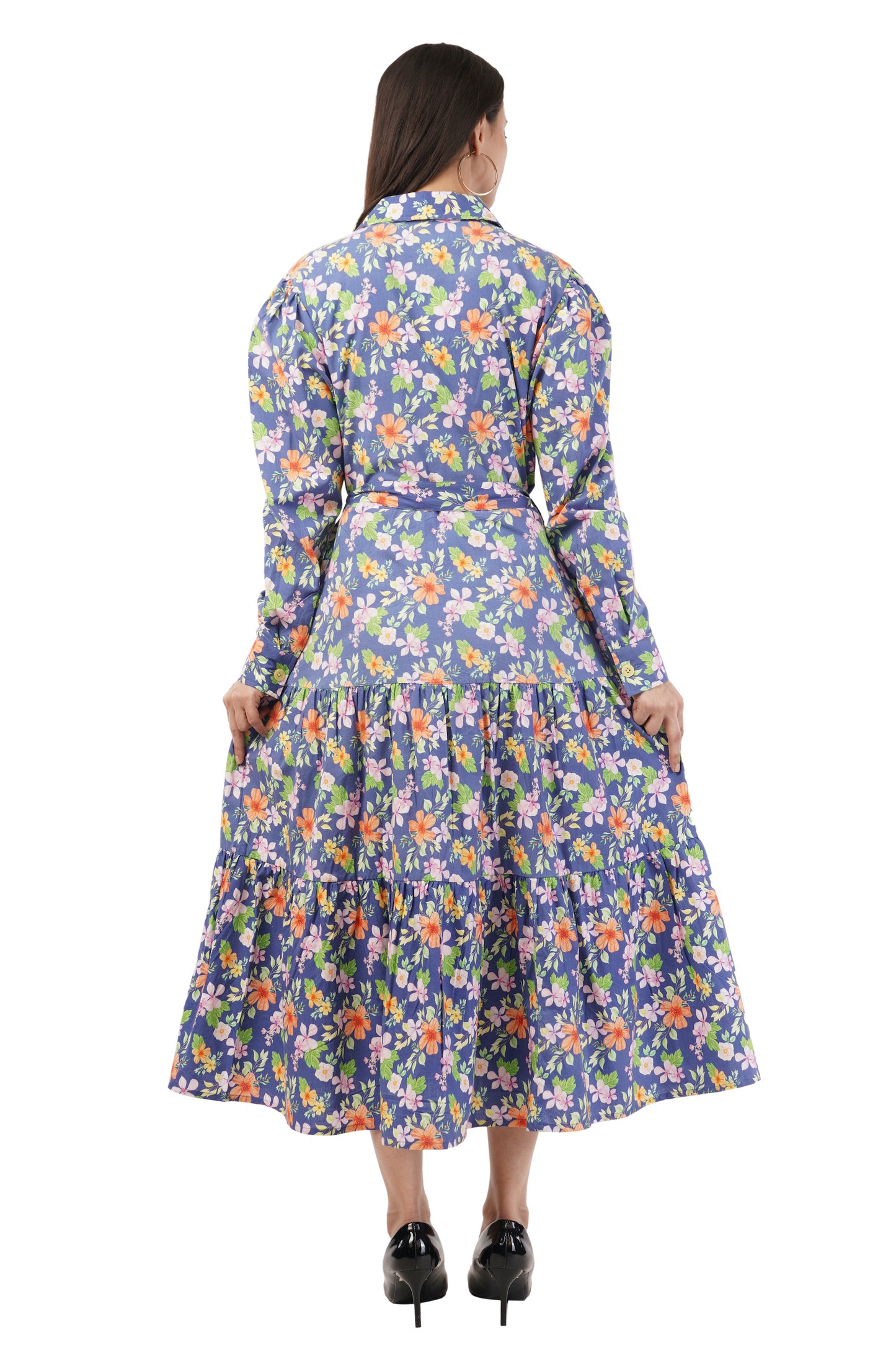Agnes Women Blue Floral Printed Cotton Midi Shirt Dress