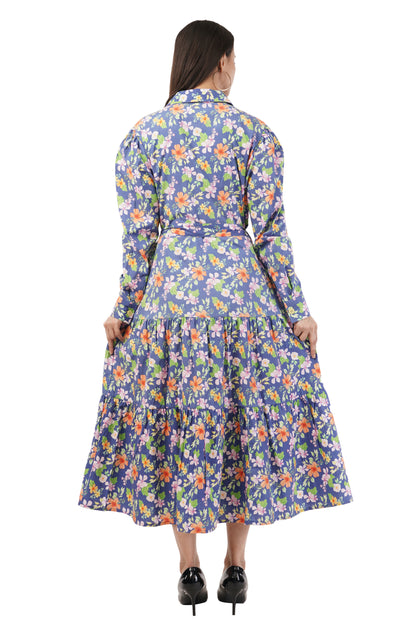 Agnes Women Blue Floral Printed Cotton Midi Shirt Dress