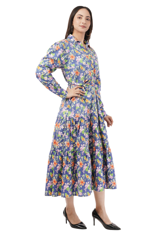 Agnes Women Blue Floral Printed Cotton Midi Shirt Dress