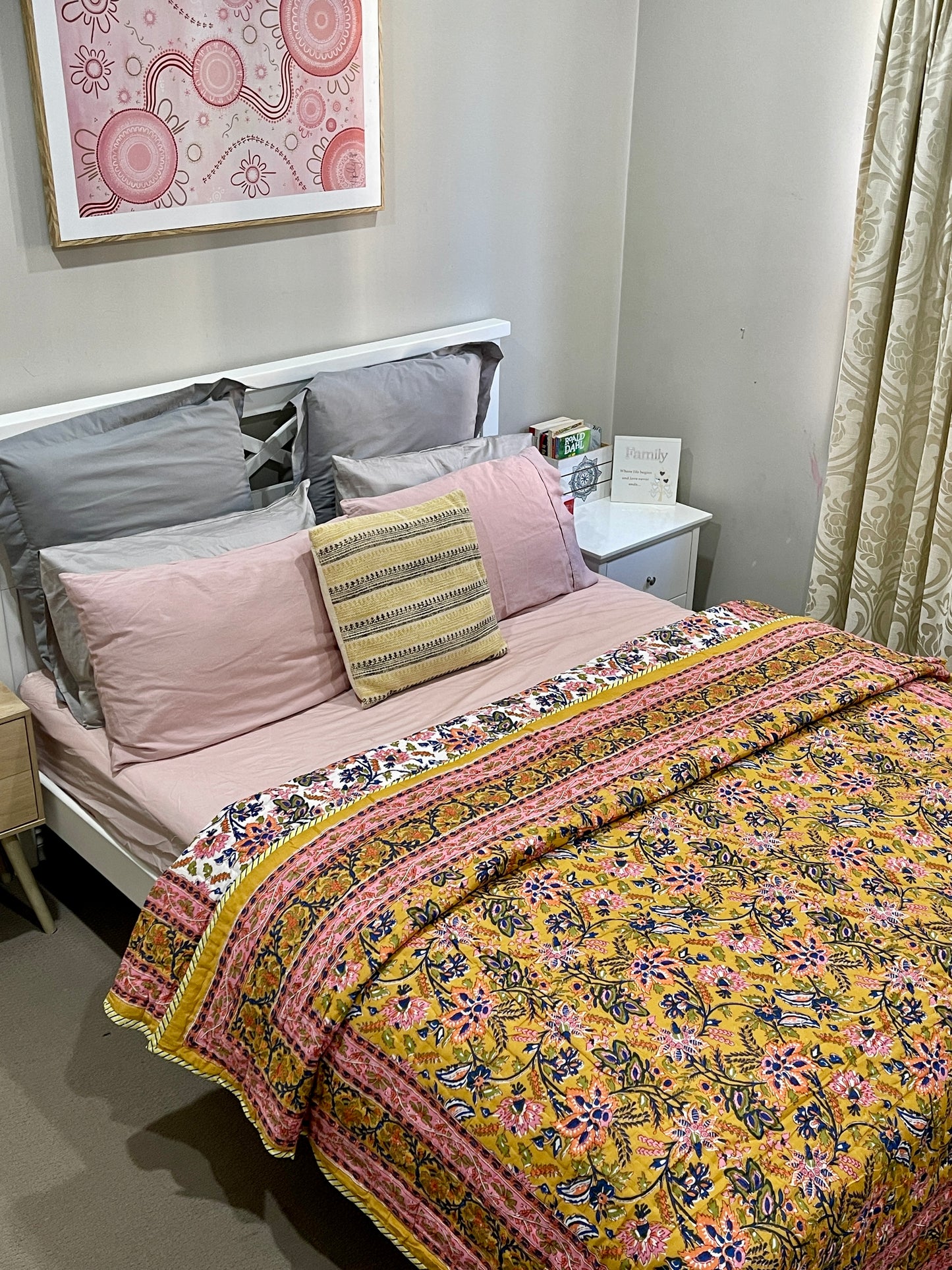 Mustard Pink Floral Cotton Padded Kantha Bedspread Quilt Comforter - Adore India   