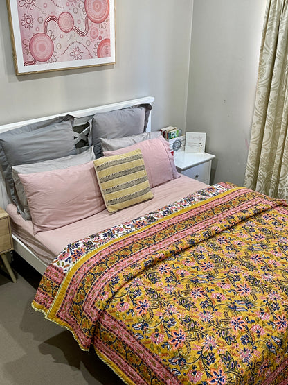 Mustard Pink Floral Cotton Padded Kantha Bedspread Quilt Comforter - Adore India   