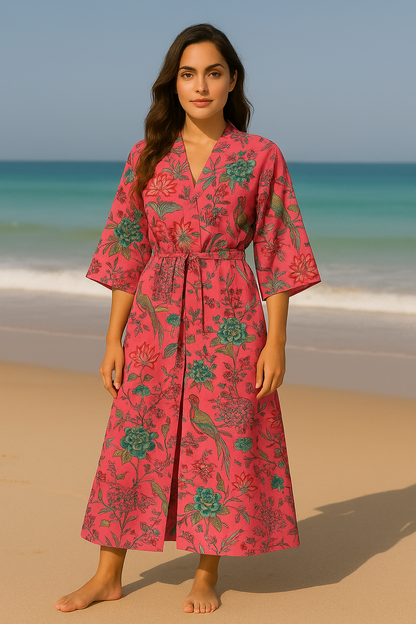 Cotton Bird Printed Pink Kimono Kaftan Bathrobe