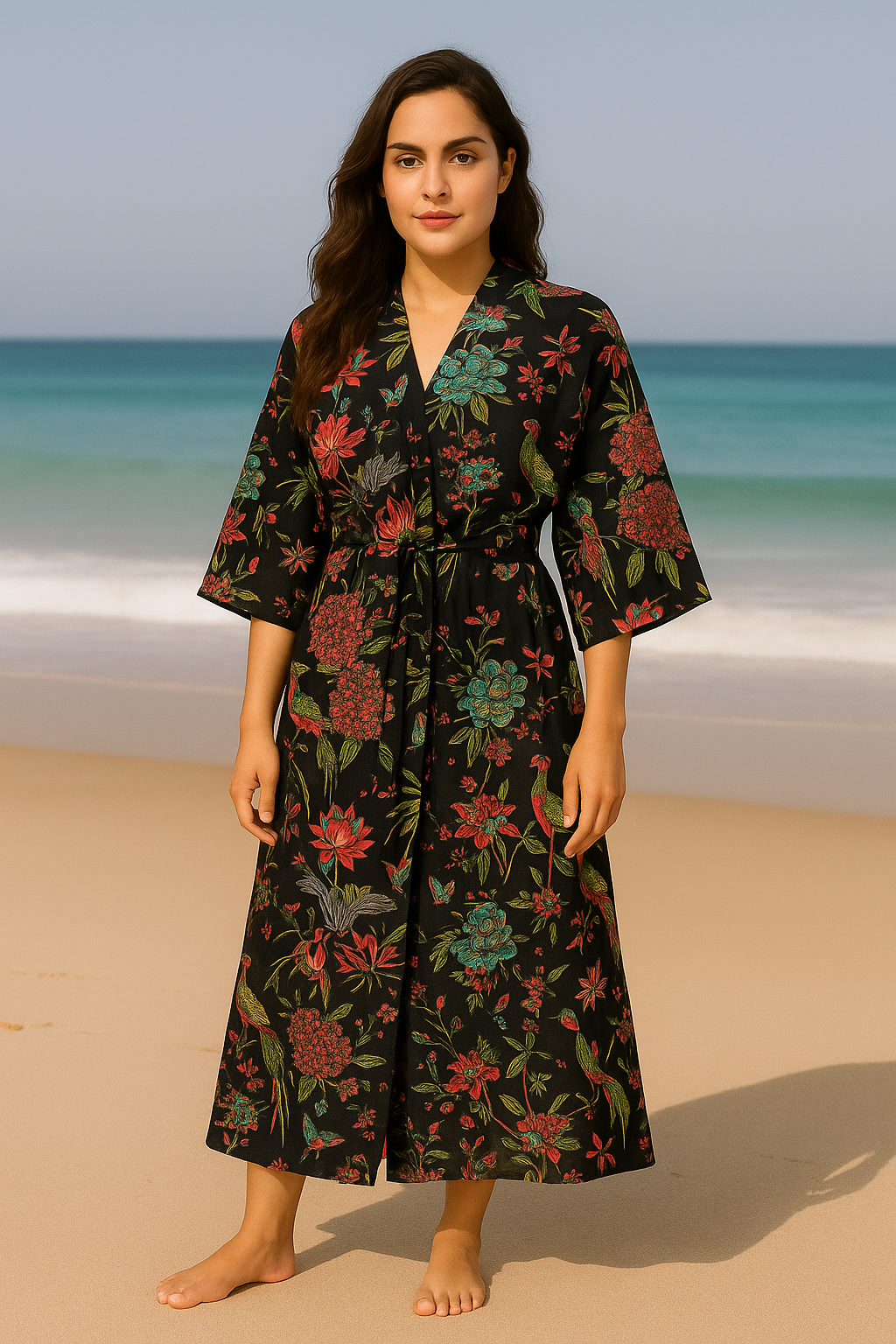 Cotton Bird Printed Black Kimono Kaftan Bathrobe