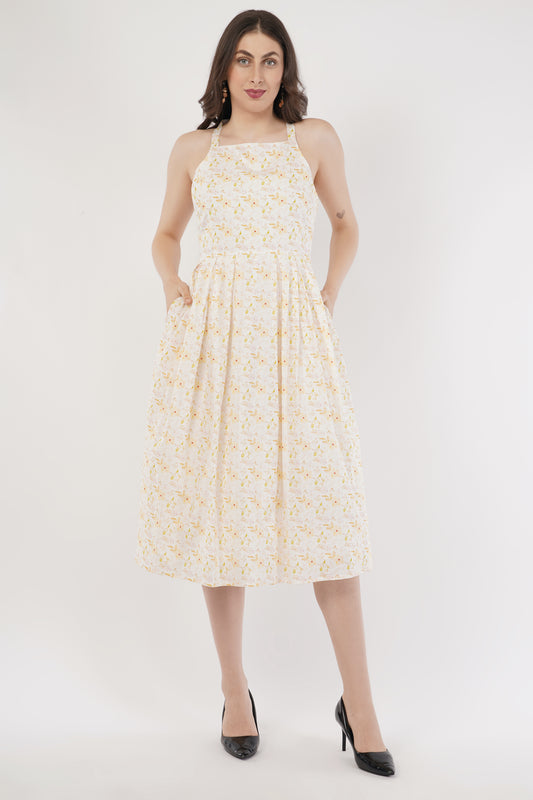 Beatrice Yellow Floral Cotton Summer Midi Sleeveless Dress&nbsp;