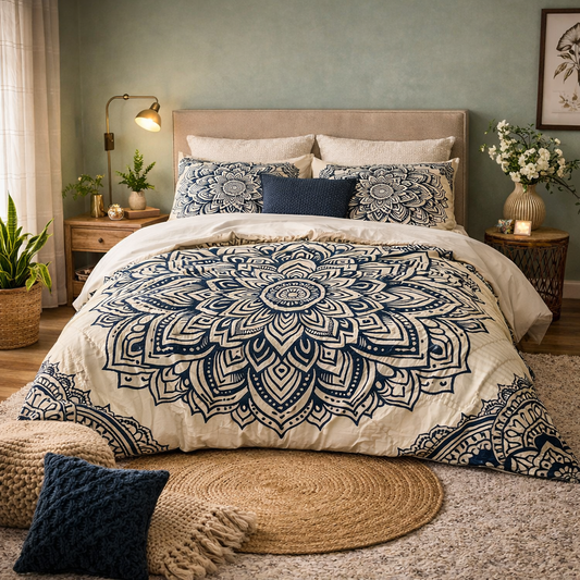 Beige Floral Indian Mandala Reversible Quilt Cover Duvet Cover Set