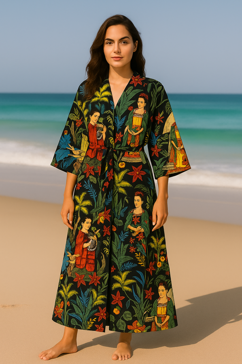 Cotton Printed Black Kahlo Kimono Kaftan Bathrobe