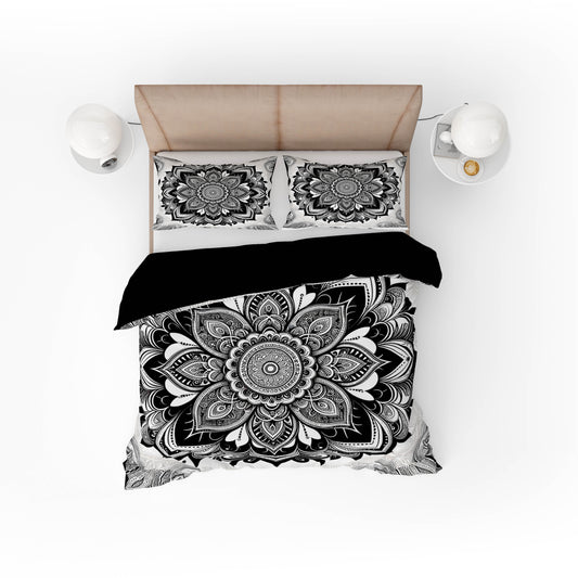 Black & White Brahma Indian Bohemian Mandala Quilt Cover Set - Adore India   