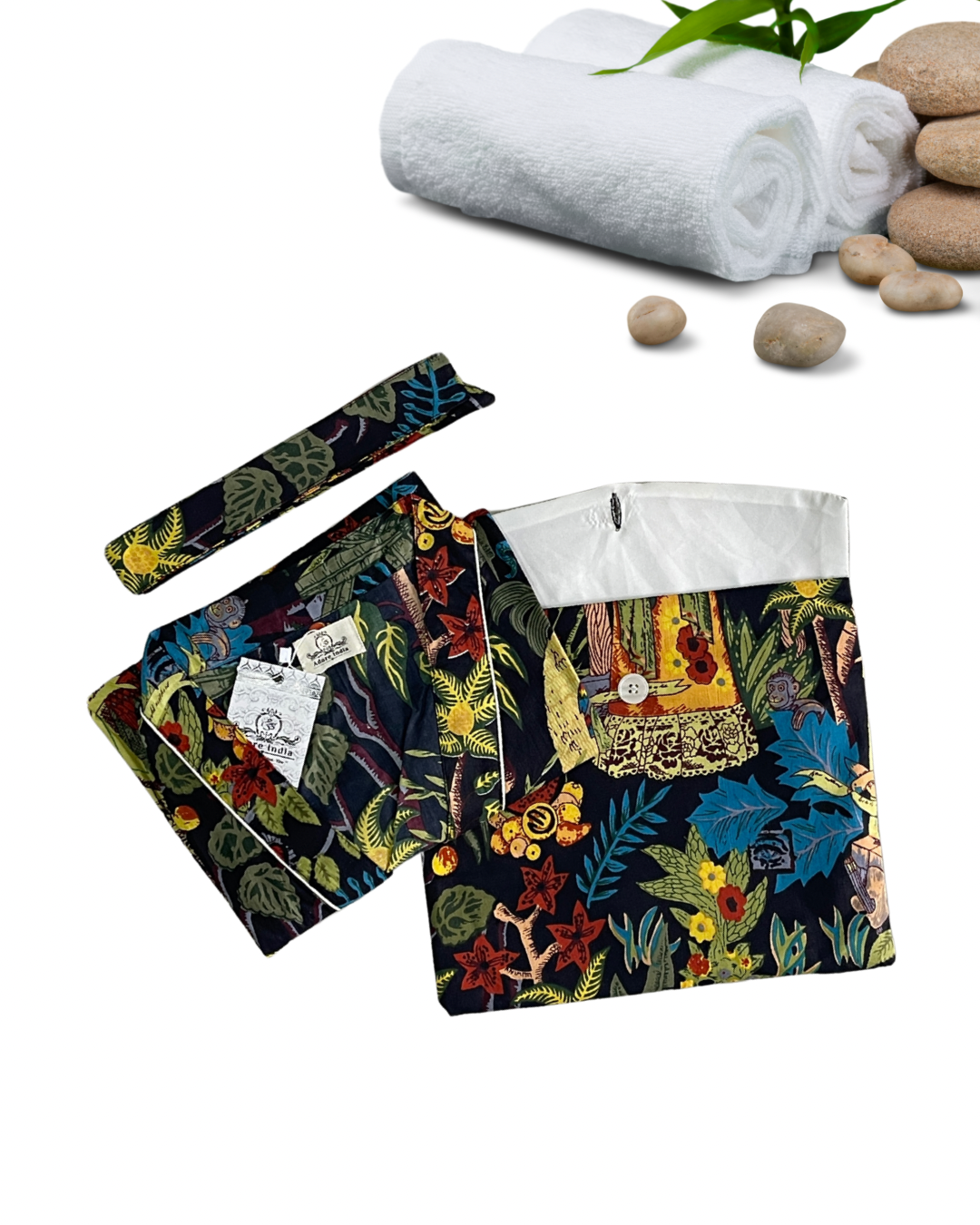 Cotton Printed Black Kahlo Kimono Kaftan Bathrobe