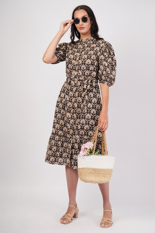 Indira Cotton Traditional Hand Block Printed Black Tiered Dress