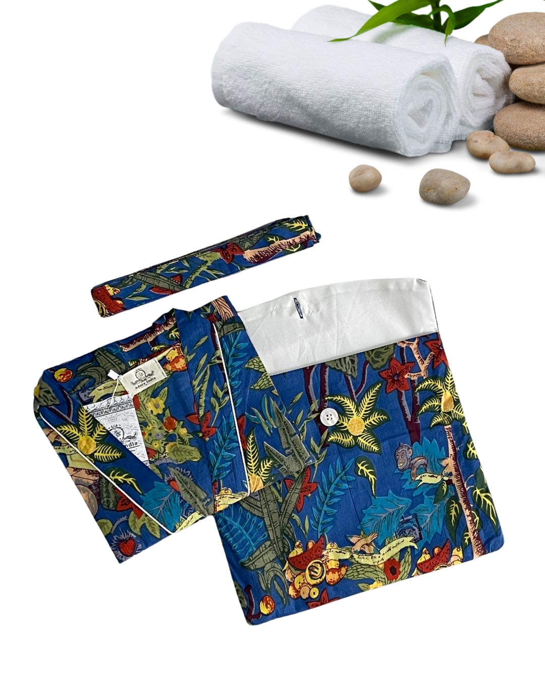 Cotton Printed Blue Frida Kahlo Kimono Kaftan Bathrobe