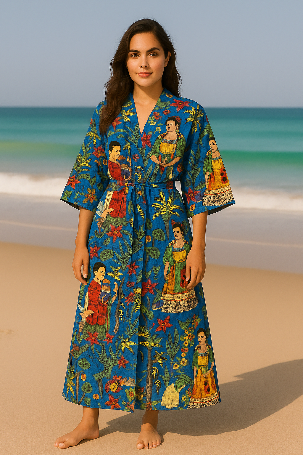 Cotton Printed Blue Kahlo Kimono Kaftan Bathrobe