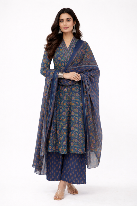 Women Cotton Ethnic Blue Printed Anarkali Style 3 Piece Kurti Palazzo Set With Dupatta