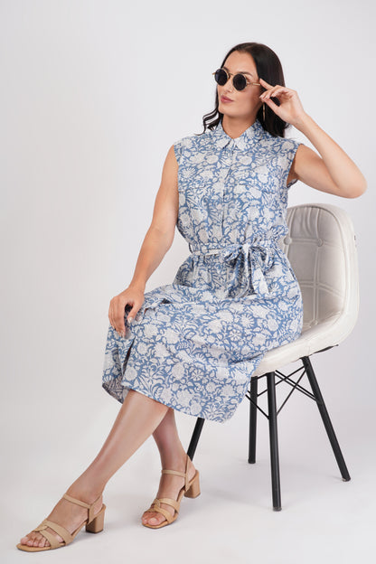 Blue Bell Sleeveless Long Cotton Front Pocket Dress With Belt