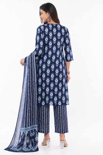 Women Cotton Indigo Blue Floral Printed Ethnic 3 Piece Kurta Pant Dupatta Set