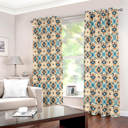 Teal Gold Bohemian Style Floral Printed Curtain Set - Adore India   