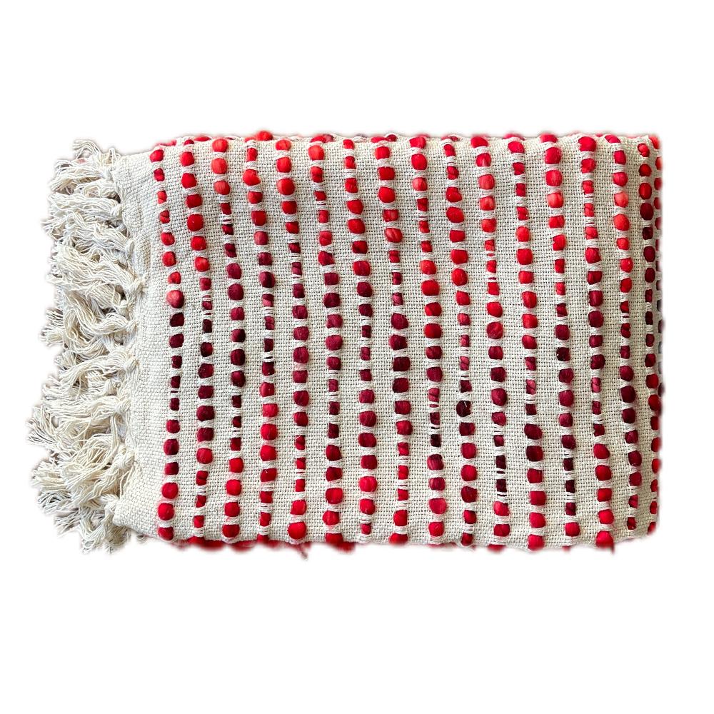 Bohemian Beige Red Stripe Cotton Wool Bedding Tufted Throw Blanket - Adore India   