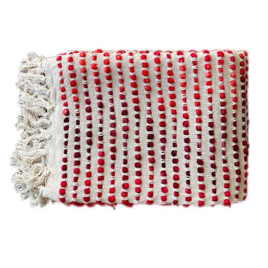 Bohemian Beige Red Stripe Cotton Wool Bedding Tufted Throw Blanket - Adore India   
