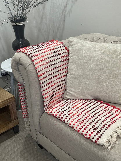 Bohemian Beige Red Stripe Cotton Wool Bedding Tufted Throw Blanket - Adore India   