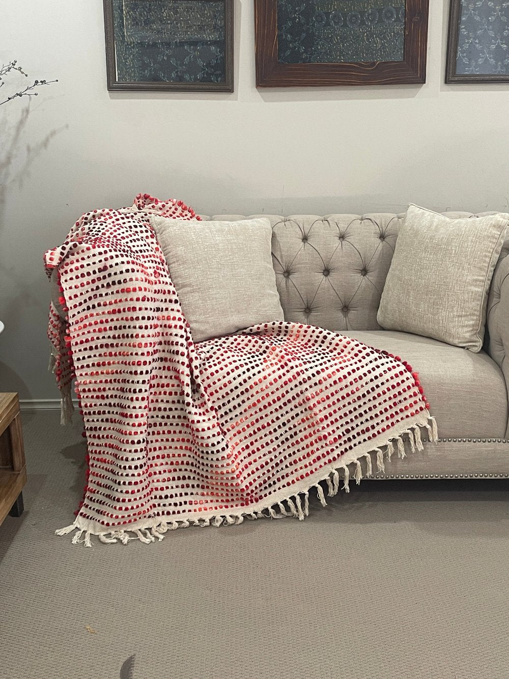 Bohemian Beige Red Stripe Cotton Wool Bedding Tufted Throw Blanket - Adore India   