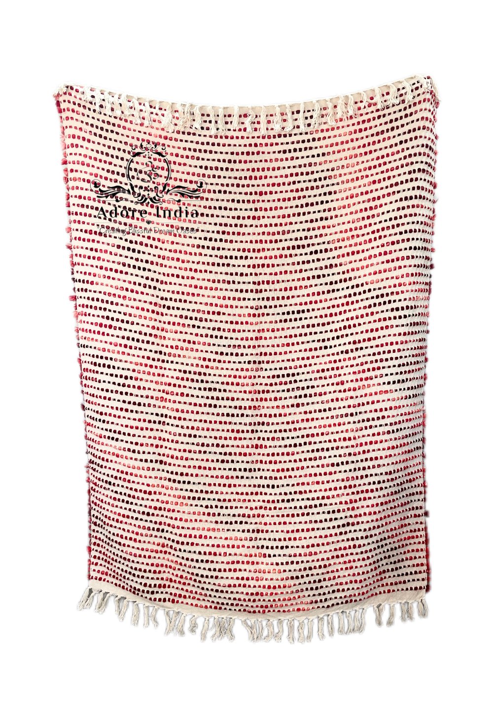 Bohemian Beige Red Stripe Cotton Wool Bedding Tufted Throw Blanket - Adore India   