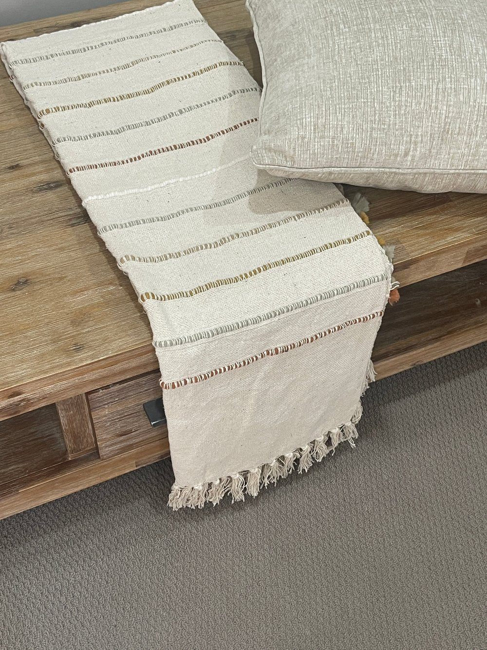 Bohemian Beige Stripe Cotton Wool Bedding Tufted Throw Blanket - Adore India   