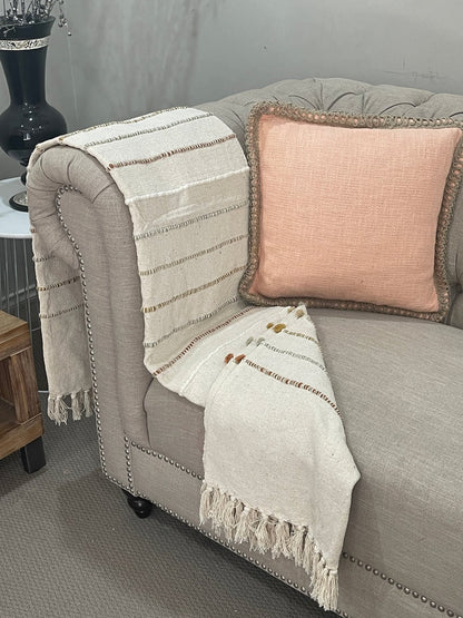 Bohemian Beige Stripe Cotton Wool Bedding Tufted Throw Blanket - Adore India   