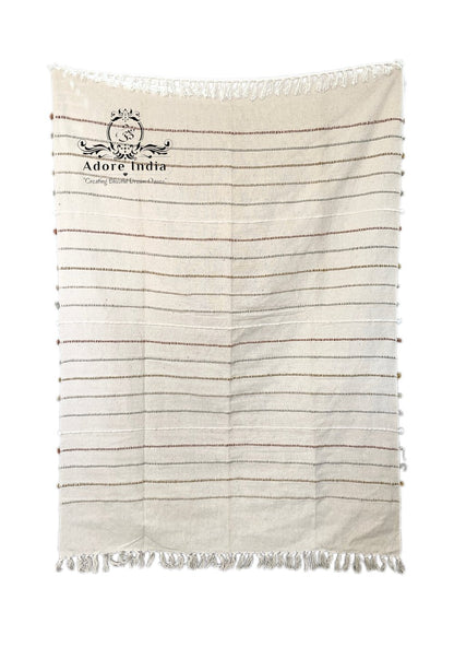 Bohemian Beige Stripe Cotton Wool Bedding Tufted Throw Blanket - Adore India   