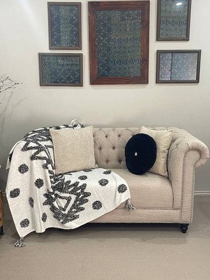 Bohemian Black Cotton Bedding Tufted Throw Blanket - Adore India   