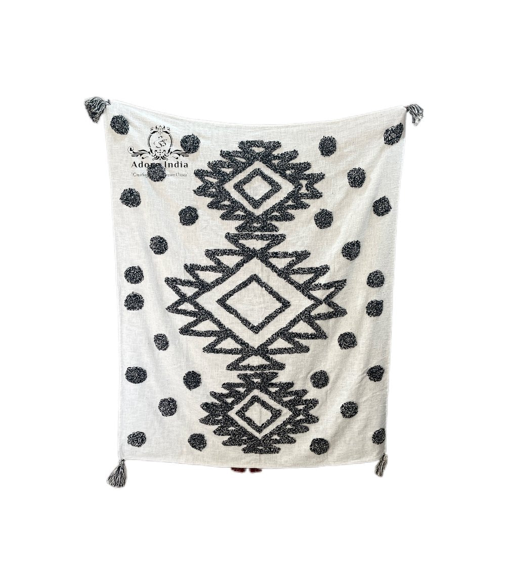 Bohemian Black Cotton Bedding Tufted Throw Blanket - Adore India   