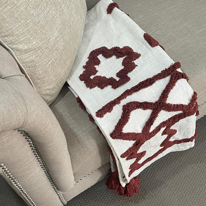 Bohemian Burgundy Cotton Bedding Tufted Throw Blanket - Adore India   