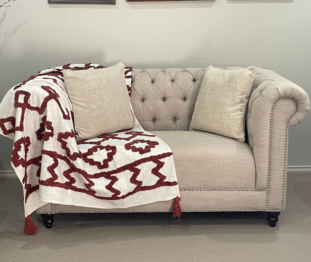 Bohemian Burgundy Cotton Bedding Tufted Throw Blanket - Adore India   