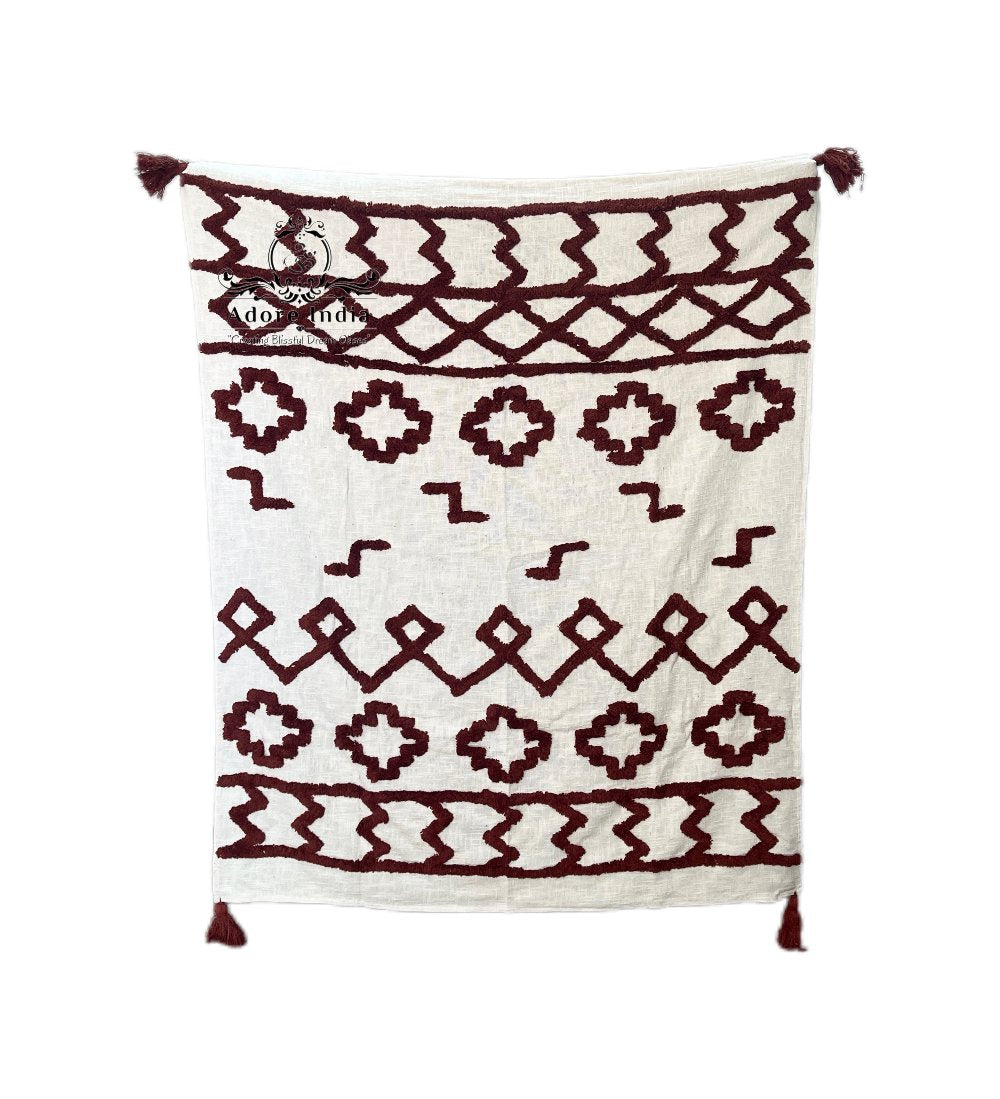 Bohemian Burgundy Cotton Bedding Tufted Throw Blanket - Adore India   
