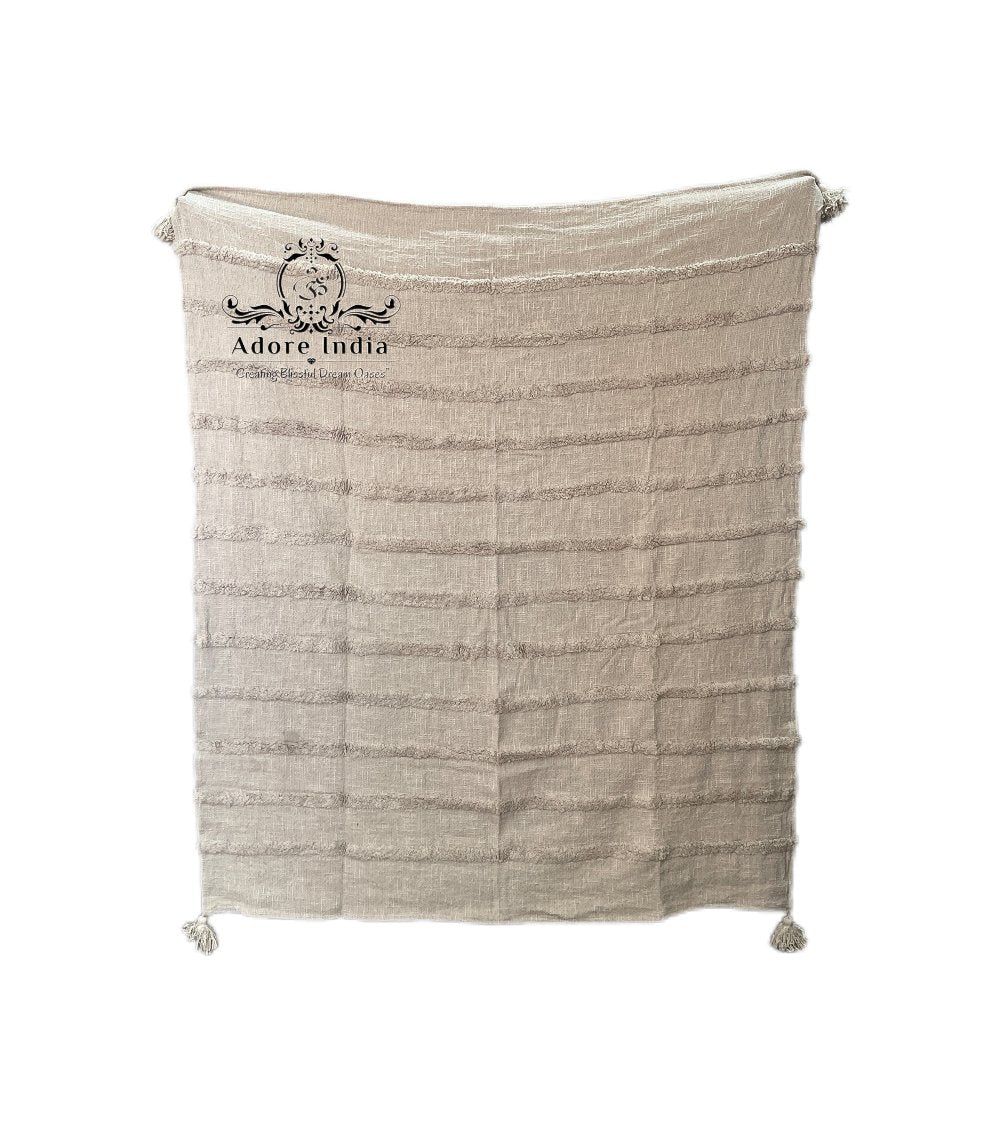 Bohemian Cool Beige Cotton Bedding Tufted Throw Blanket - Adore India   