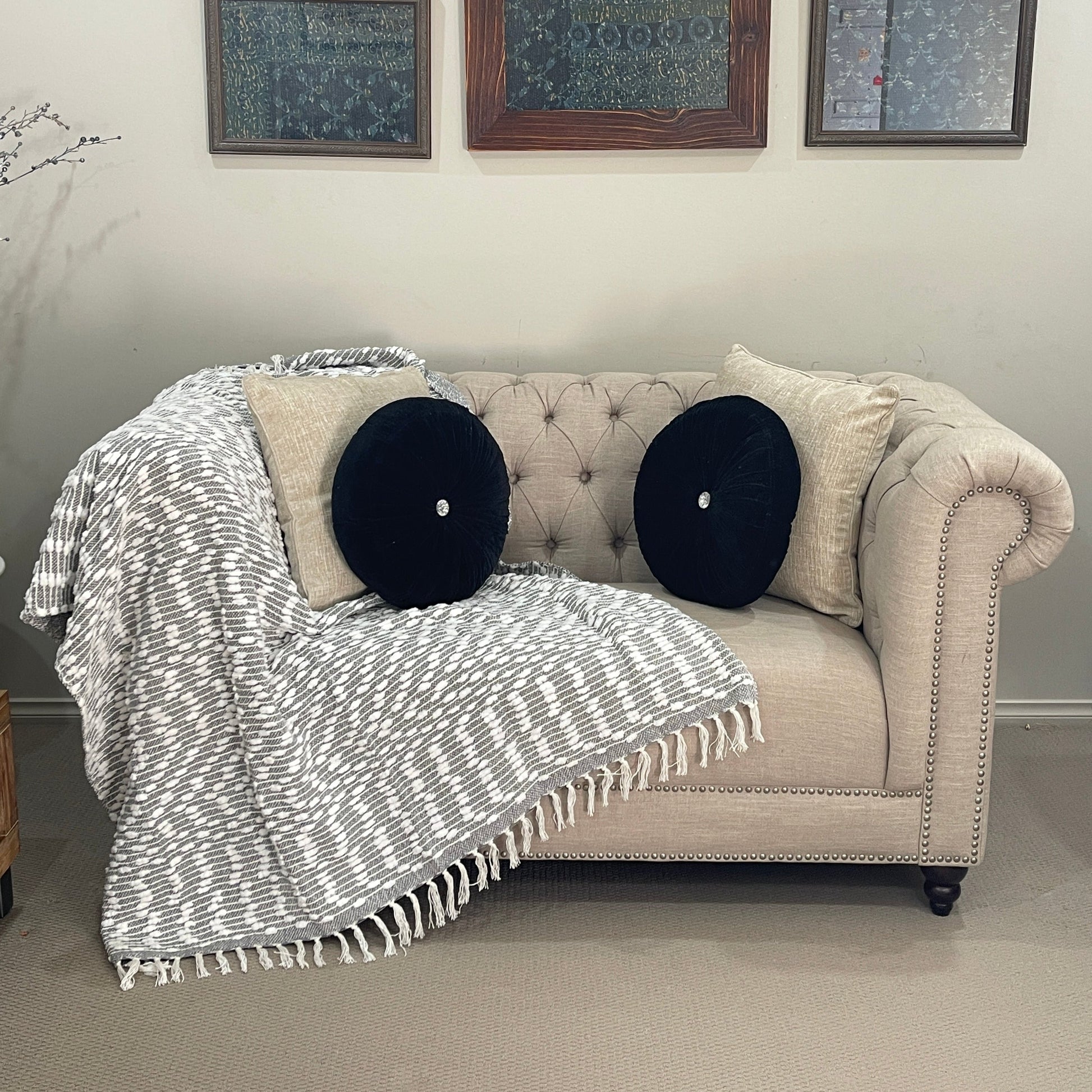 Bohemian Grey Cotton Bedding Tufted Throw Blanket - Adore India   