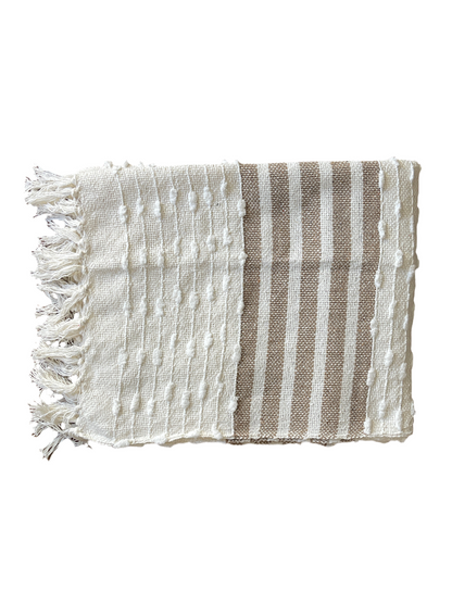 Bohemian Natural Brown Stripe Cotton Bedding Tufted Throw Blanket - Adore India   
