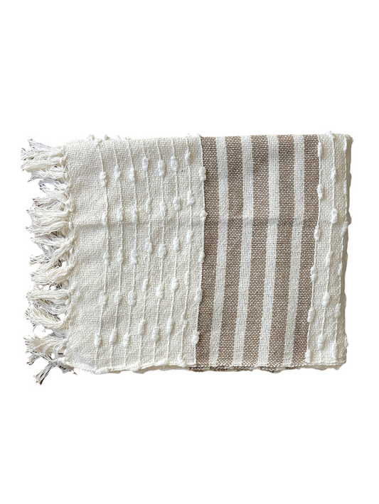 Bohemian Natural Brown Stripe Cotton Bedding Tufted Throw Blanket - Adore India   