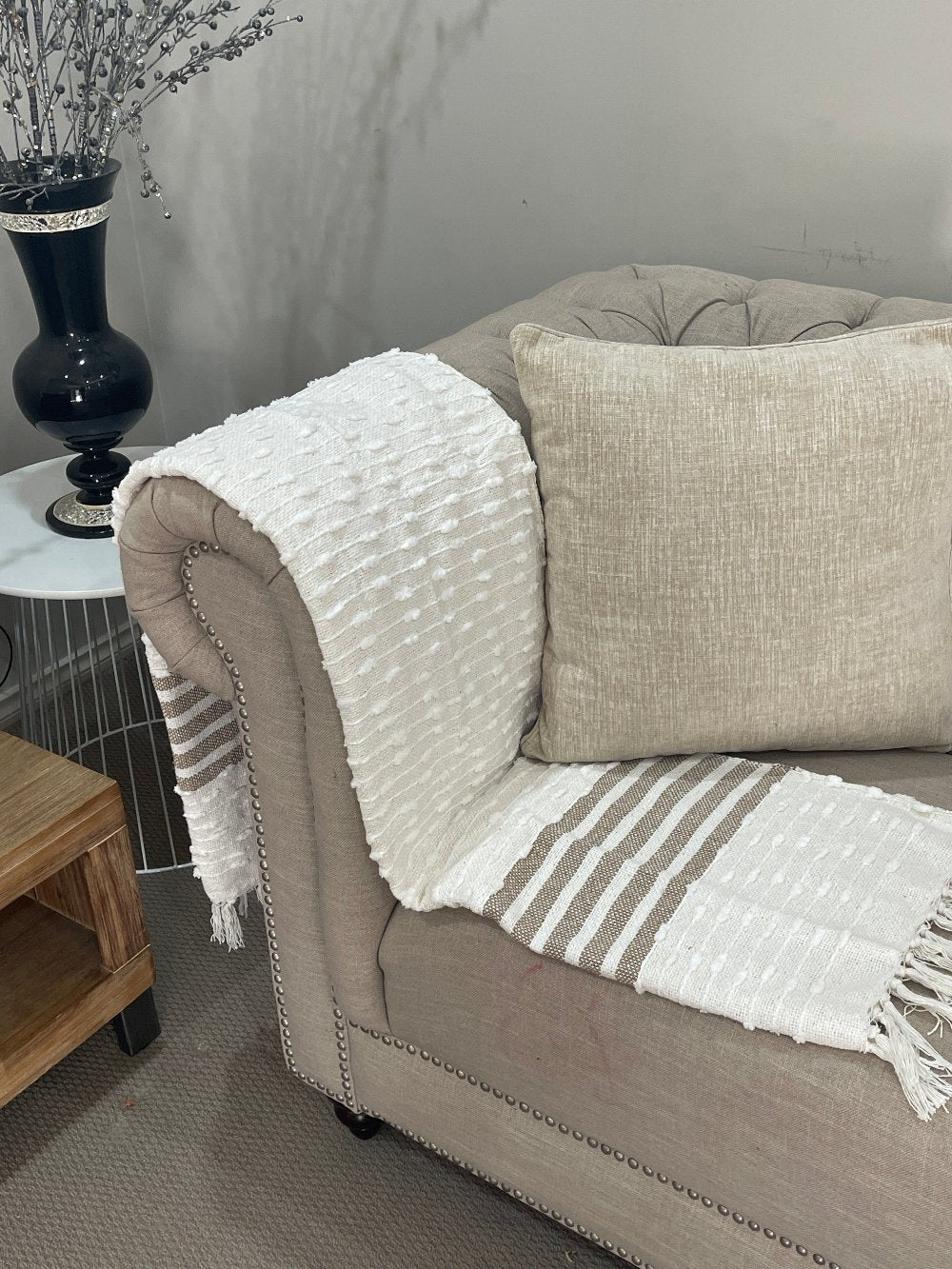 Bohemian Natural Brown Stripe Cotton Bedding Tufted Throw Blanket - Adore India   