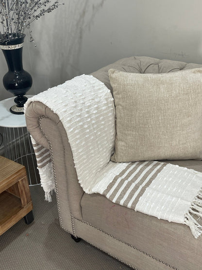 Bohemian Natural Brown Stripe Cotton Bedding Tufted Throw Blanket - Adore India   