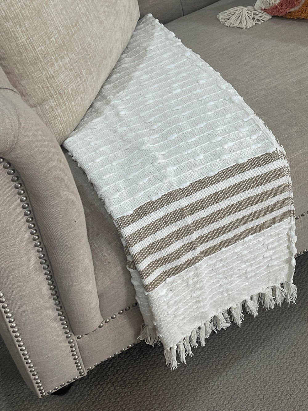 Bohemian Natural Brown Stripe Cotton Bedding Tufted Throw Blanket - Adore India   