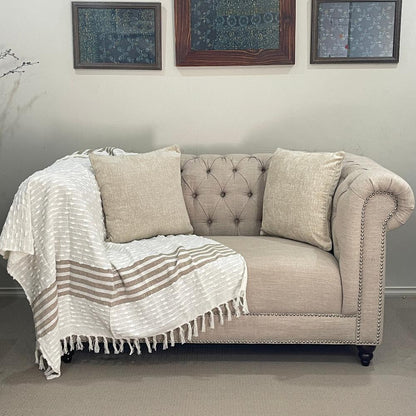 Bohemian Natural Brown Stripe Cotton Bedding Tufted Throw Blanket - Adore India   