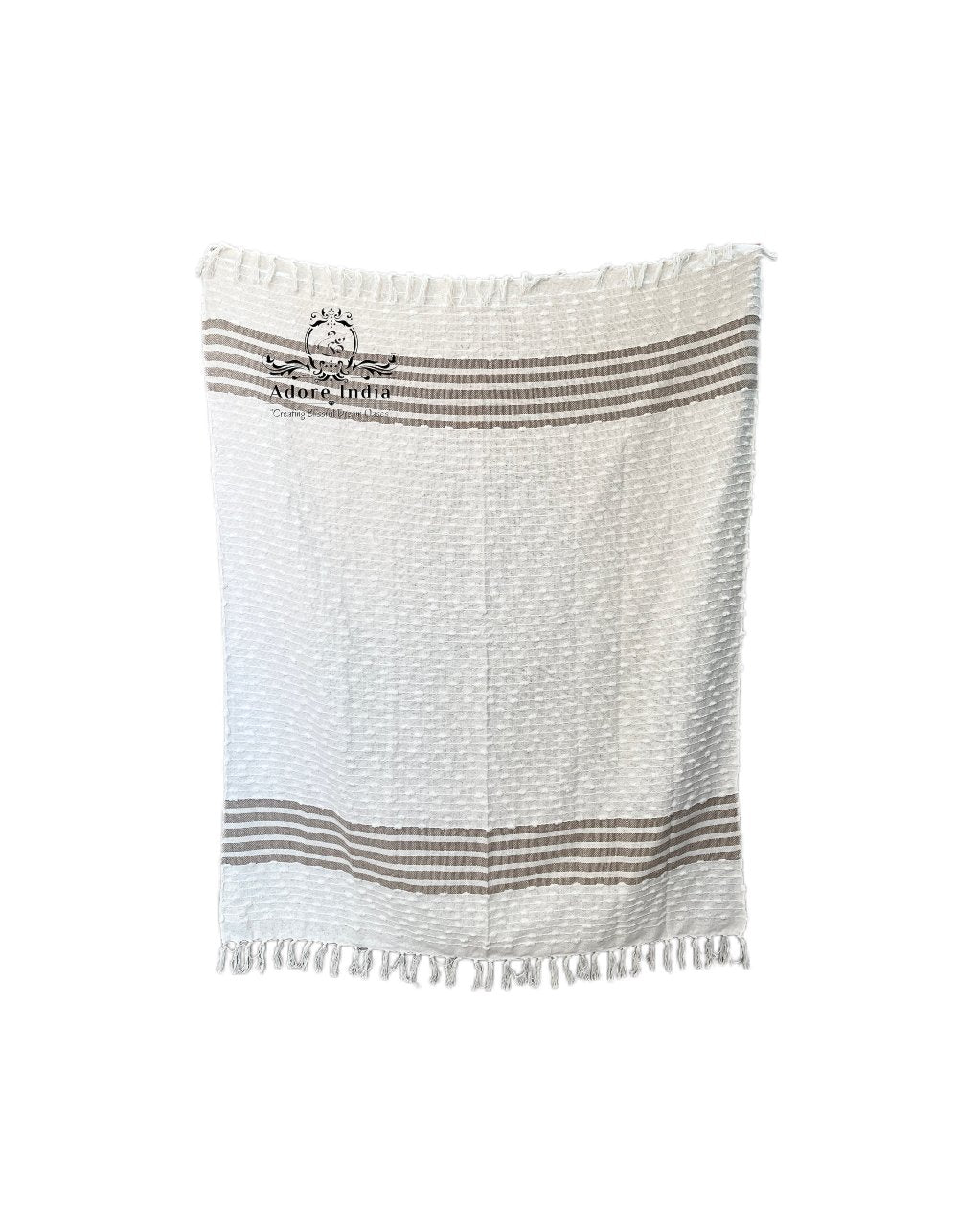 Bohemian Natural Brown Stripe Cotton Bedding Tufted Throw Blanket - Adore India   