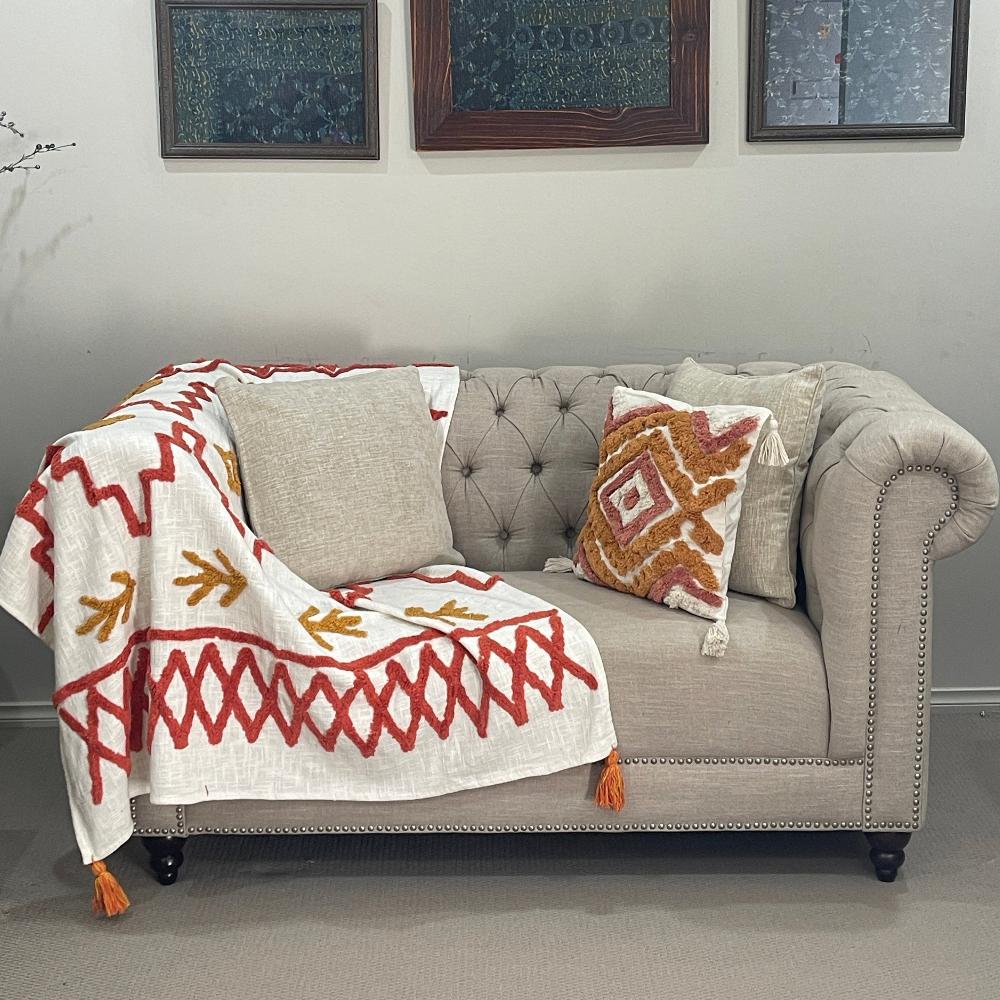 Bohemian Red Cotton Bedding Tufted Throw Blanket - Adore India   