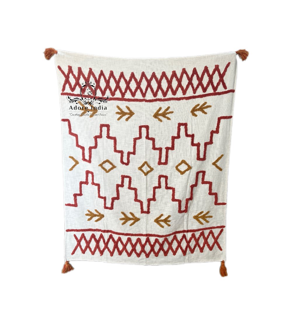 Bohemian Red Cotton Bedding Tufted Throw Blanket - Adore India   