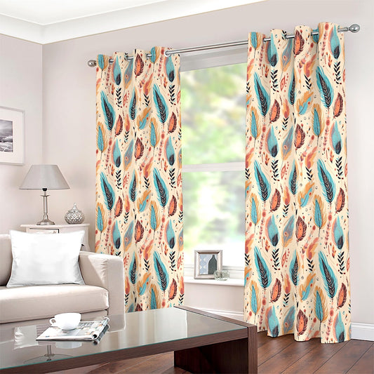 Boho Feather Teal Floral Printed Curtain Set - Adore India   