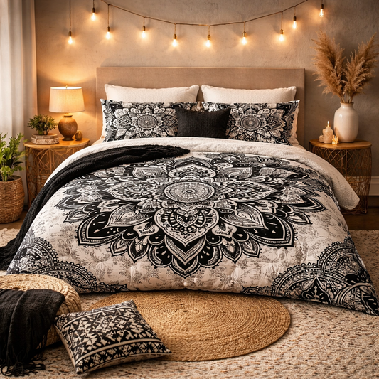 Black & White Brahma Indian Bohemian Mandala Quilt Cover Set